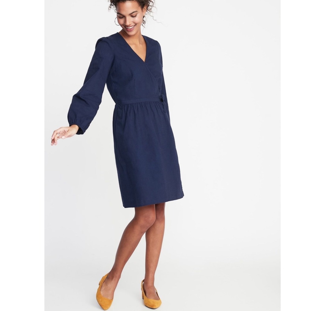Old Navy Waist Defined Wrap Dress Blue Womens Size XXL Cotton‎ Minimal Tie Front